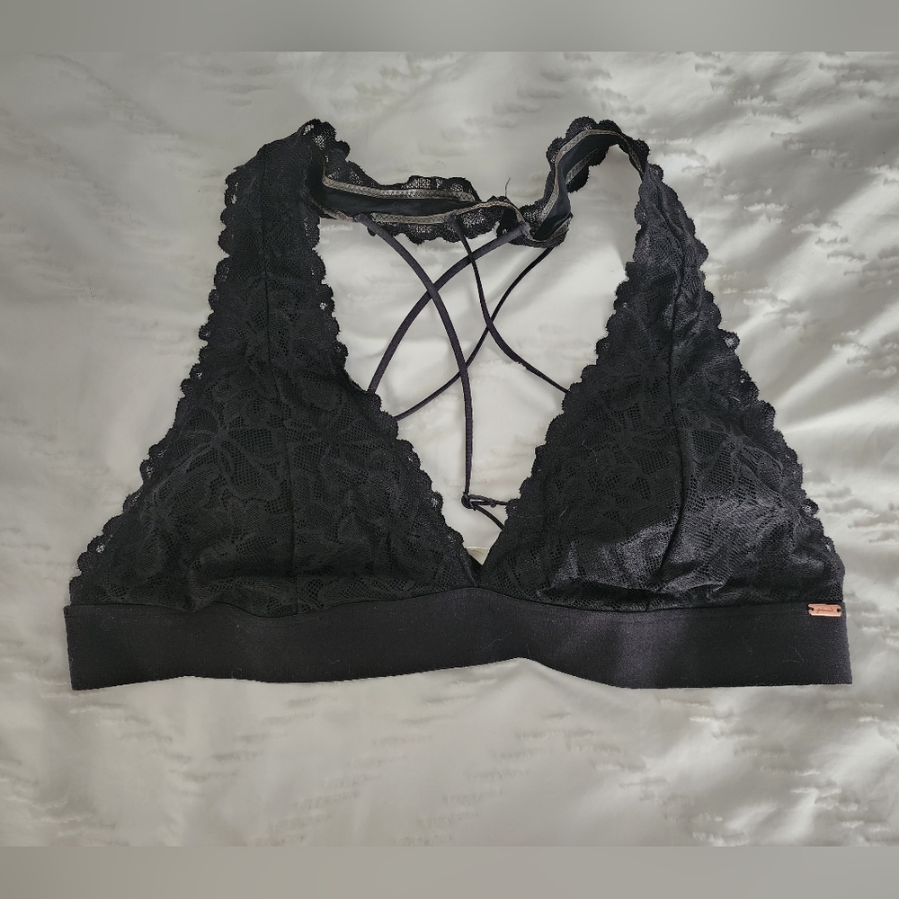 Victorias Secret Black Lacey Bralette Large Criss Cross Back